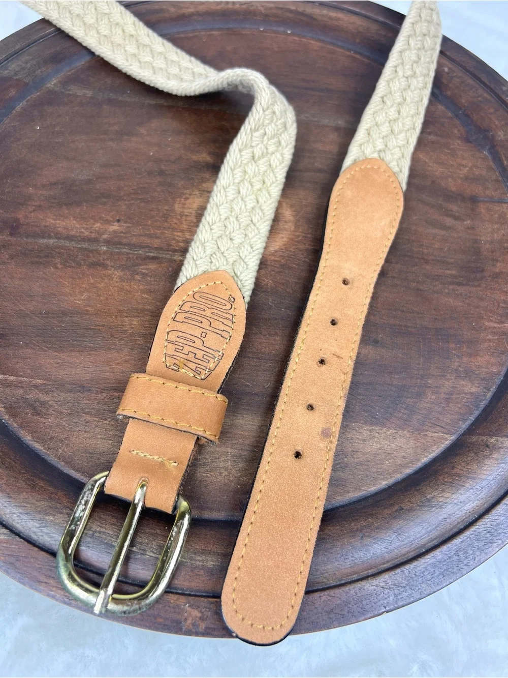 Vintage Zep-Pro Sport Belt 36 Taupe Woven Rope Leather Ends Brass Buckle USA